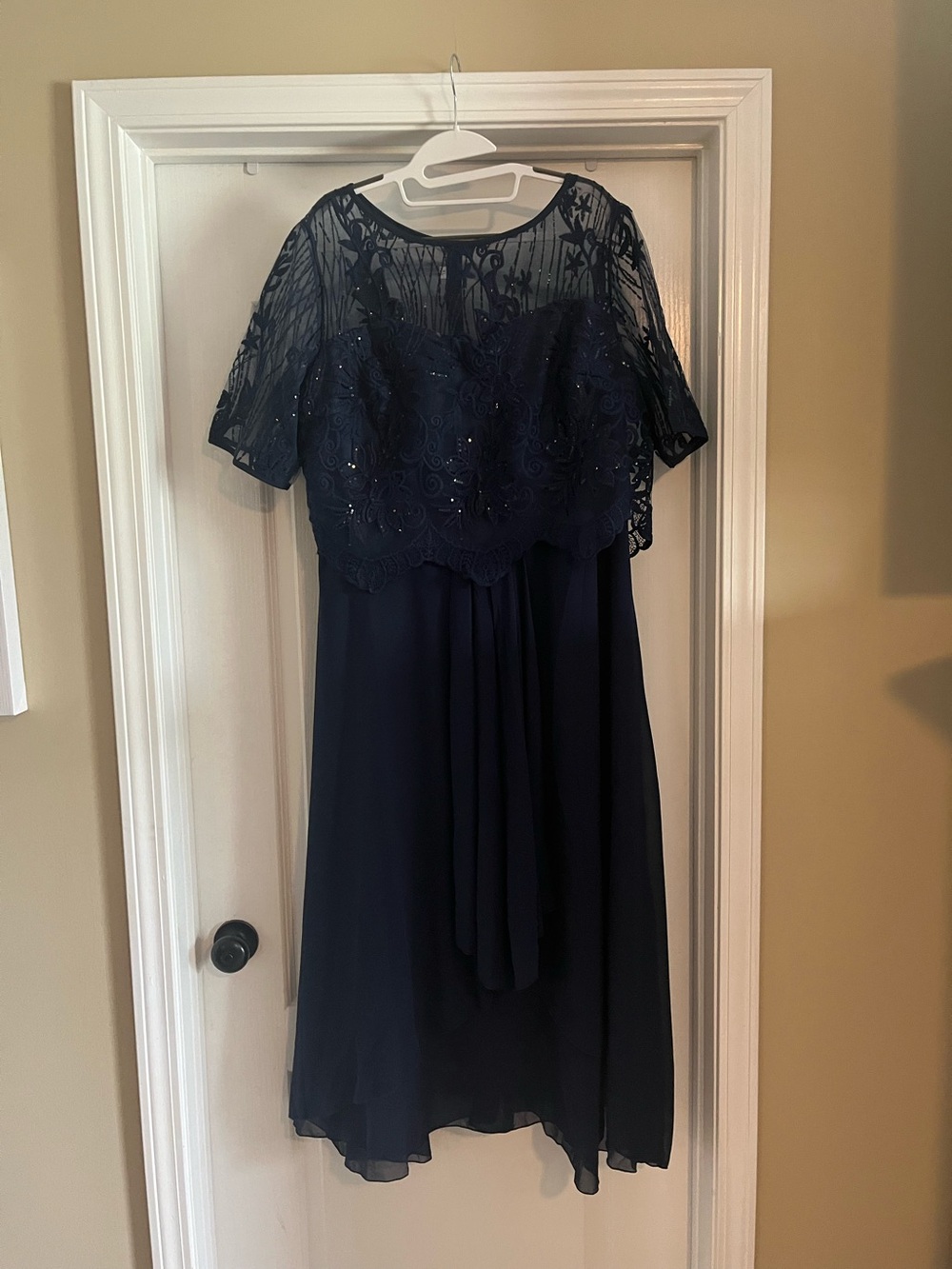 Elegant Navy Blue Lace Overlay Dress for Women